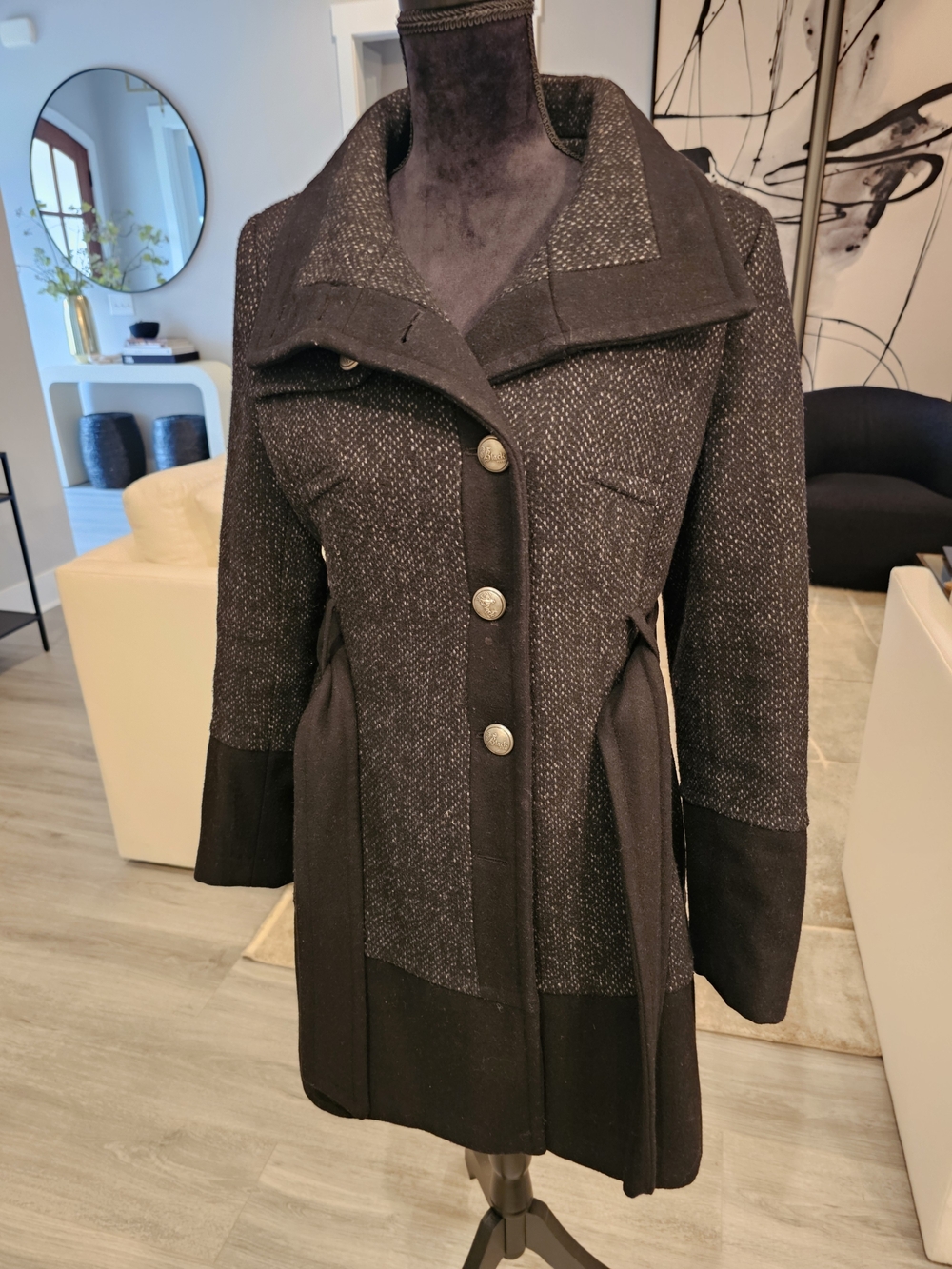 Wool-Blend Black Tweed Button-Front Women's Coat